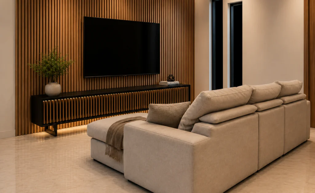 Projeto Arquitetônico Pronto 27 Sala de estar moderna integrada com painel de TV, sofá bege e iluminação em LED em projeto de casa térrea.
