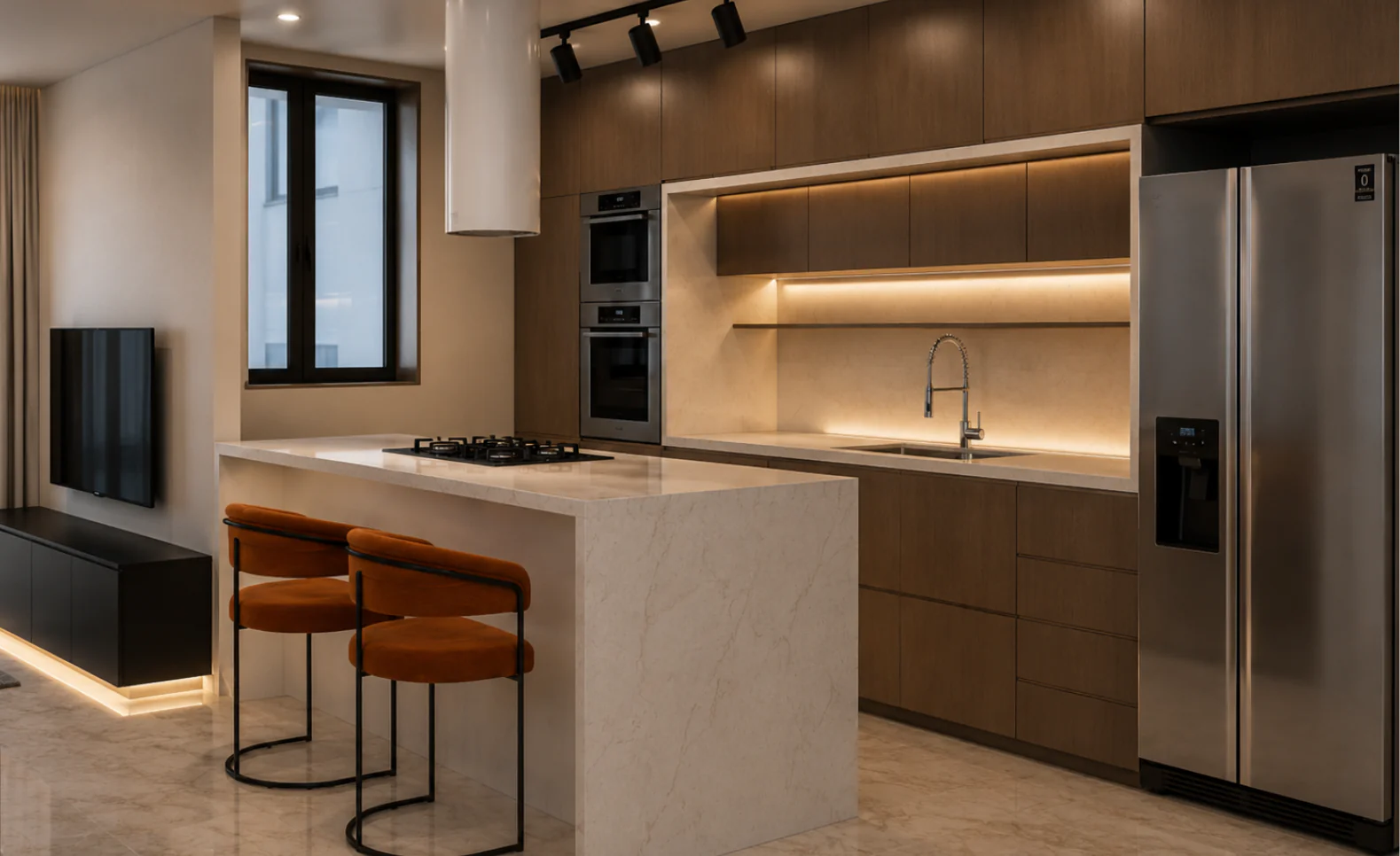 Cozinha moderna com ilha da planta de casa com 3 quartos sendo 1 suíte e ambientes integrados.