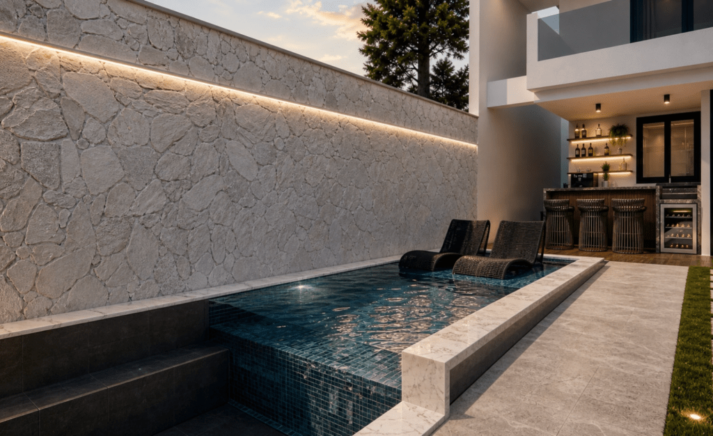 Piscina e área gourmet da planta de casa com 3 quartos sendo 1 suíte
