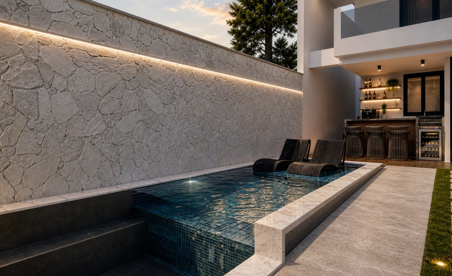 Piscina e área gourmet da planta de casa com 3 quartos sendo 1 suíte