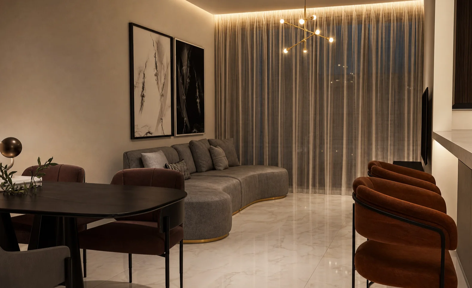 Sala de estar moderna da planta de casa com 3 quartos sendo 1 suíte, integrada à sala de jantar e com iluminação natural.