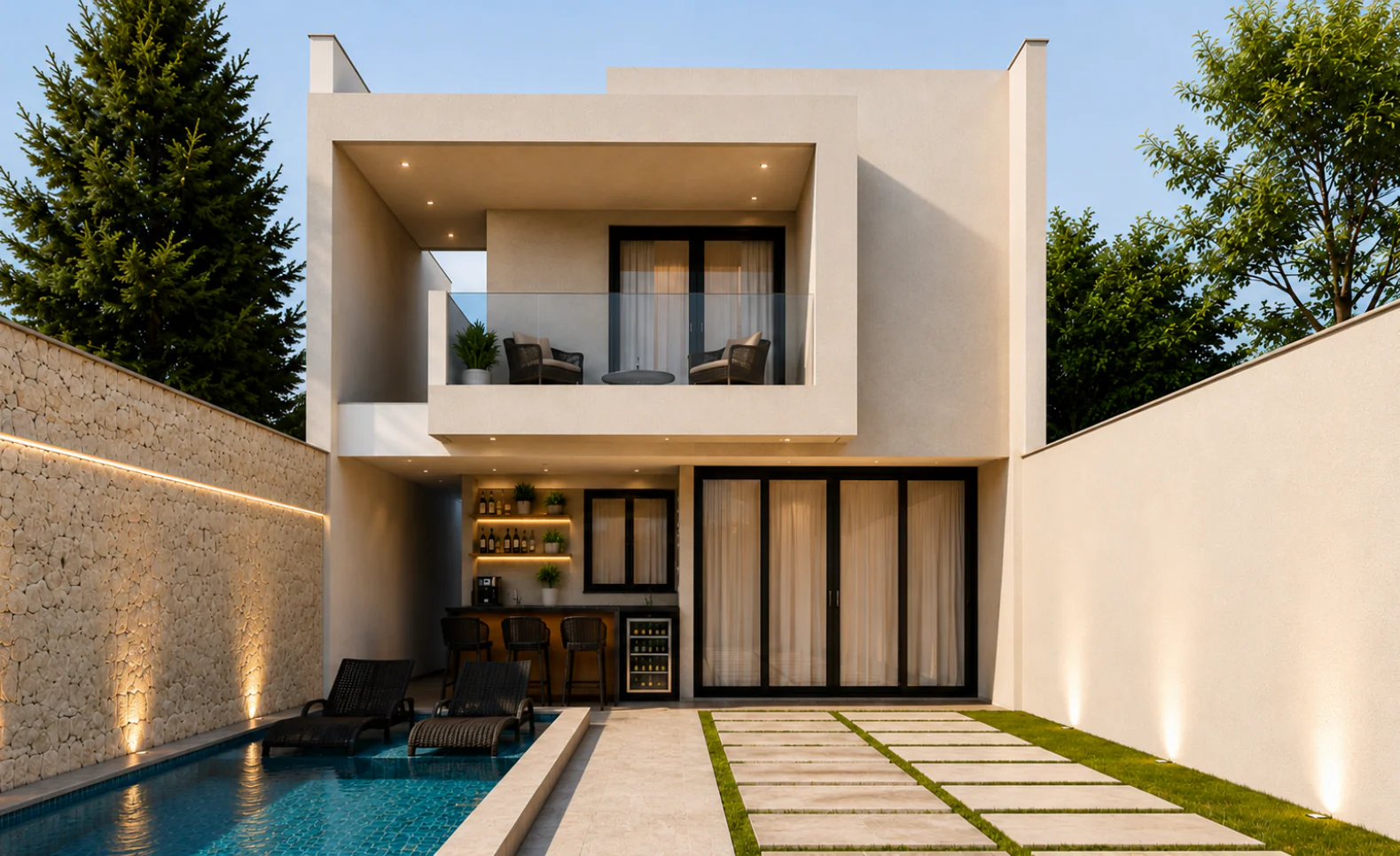 Planta de casa com 3 quartos sendo 1 suíte, fachada moderna com piscina e área gourmet integrada.