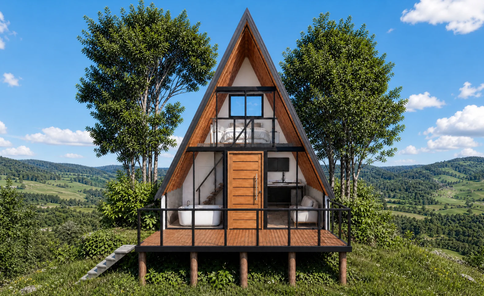 Projeto de chalé moderno pronto para construir com fachada contemporânea