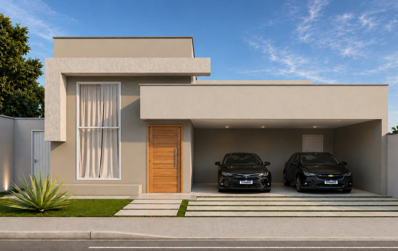 Planta de casa 3 quartos térrea moderna com fachada contemporânea, garagem e projeto arquitetônico completo para construir.