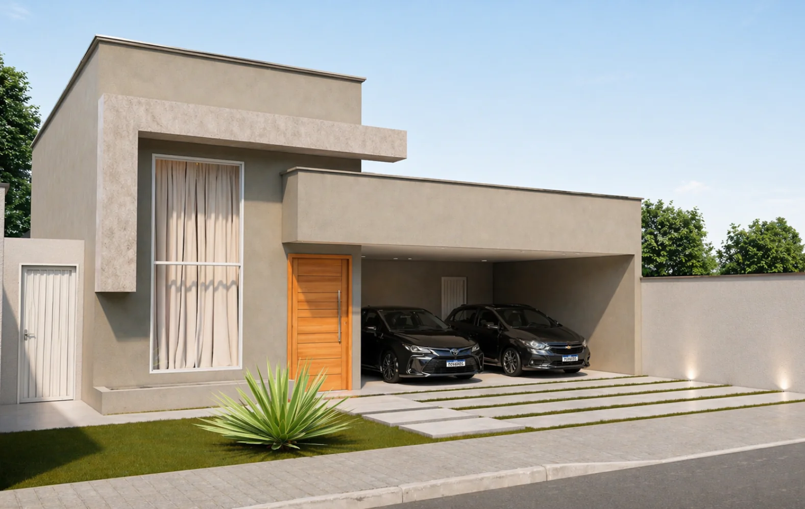 Planta de Casa 3 Quartos com fachada moderna, garagem para dois carros e arquitetura térrea contemporânea.