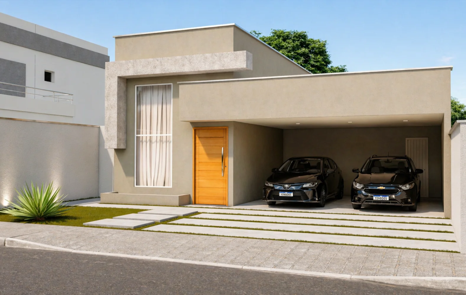 Planta de Casa 3 Quartos térrea moderna com garagem para dois carros, fachada contemporânea e projeto arquitetônico completo.