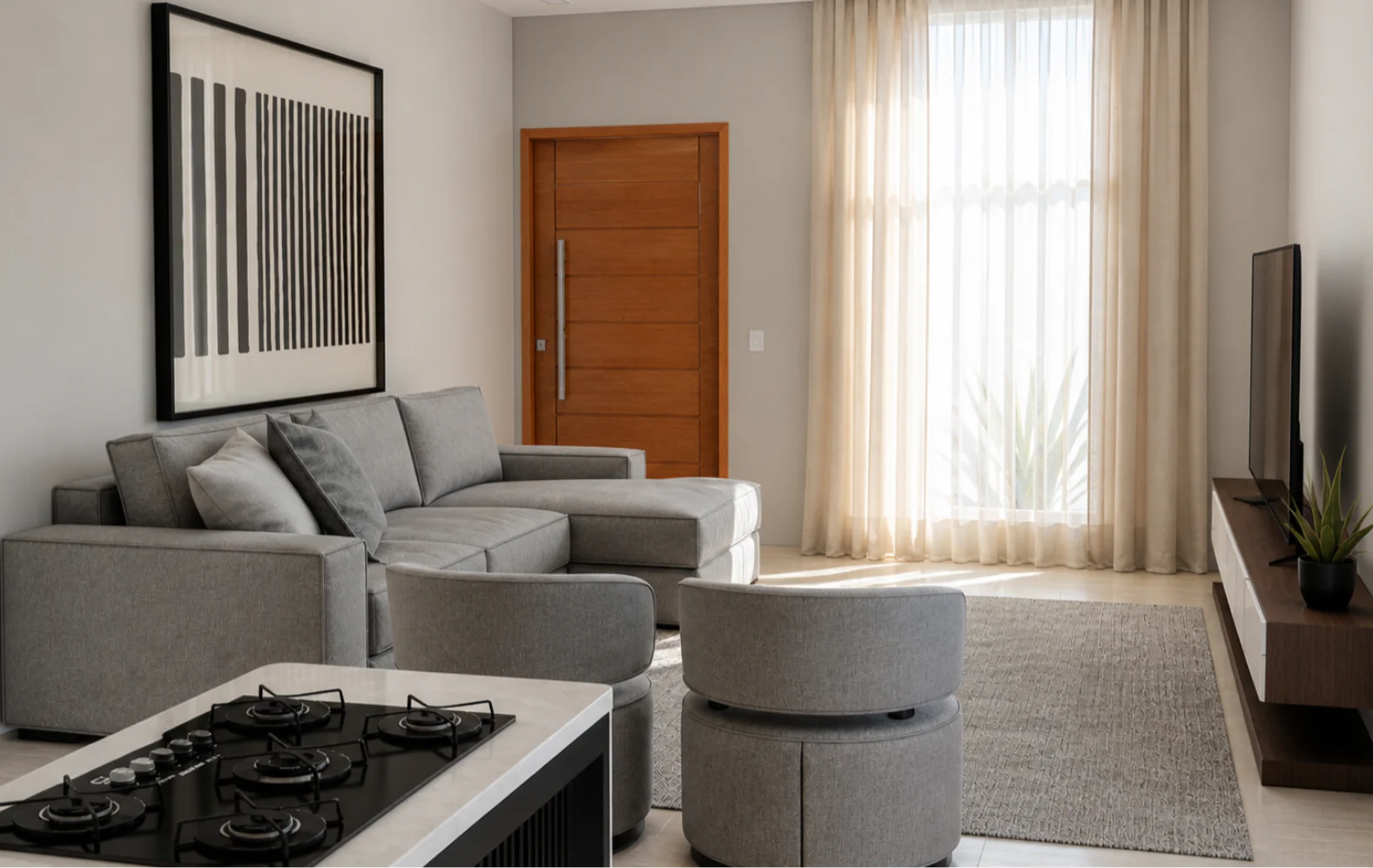 Sala de estar da Planta de Casa 3 Quartos com ambientes integrados, design moderno e excelente iluminação natural.