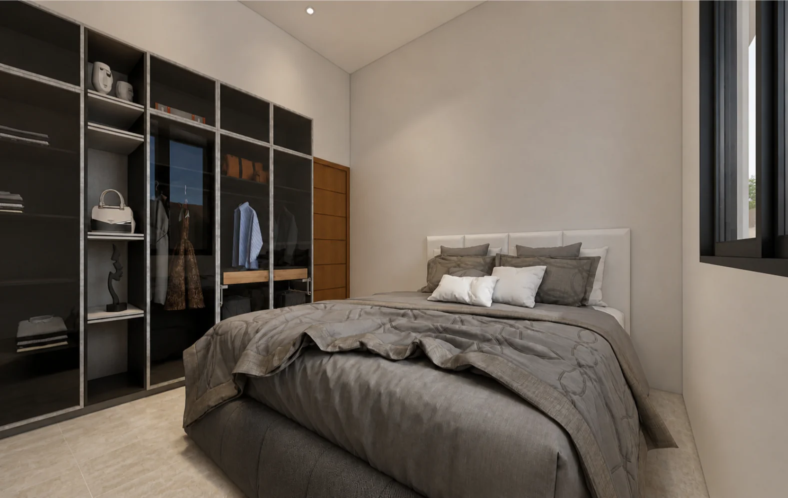Quarto de solteiro da Planta de Casa 3 Quartos com design moderno, armário planejado e excelente iluminação natural.