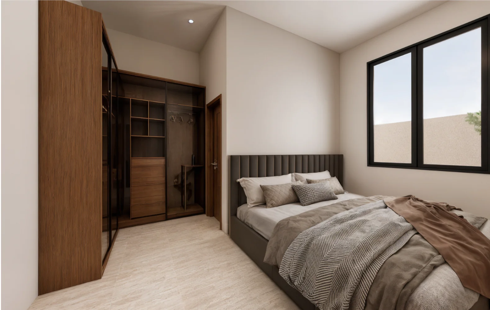 Suíte da Planta de Casa 3 Quartos com quarto de casal moderno, excelente iluminação natural e projeto arquitetônico contemporâneo.