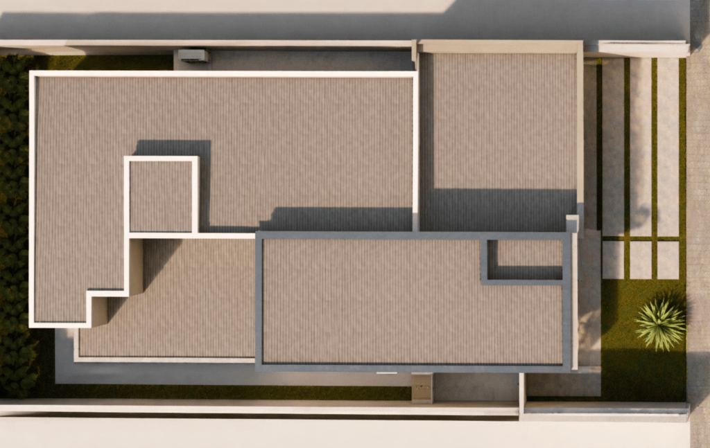 Planta de cobertura da Planta de Casa 3 Quartos com telhado moderno e projeto arquitetônico completo.