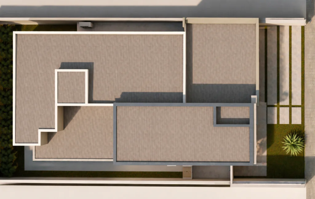 Planta de cobertura da Planta de Casa 3 Quartos com telhado moderno e projeto arquitetônico completo.