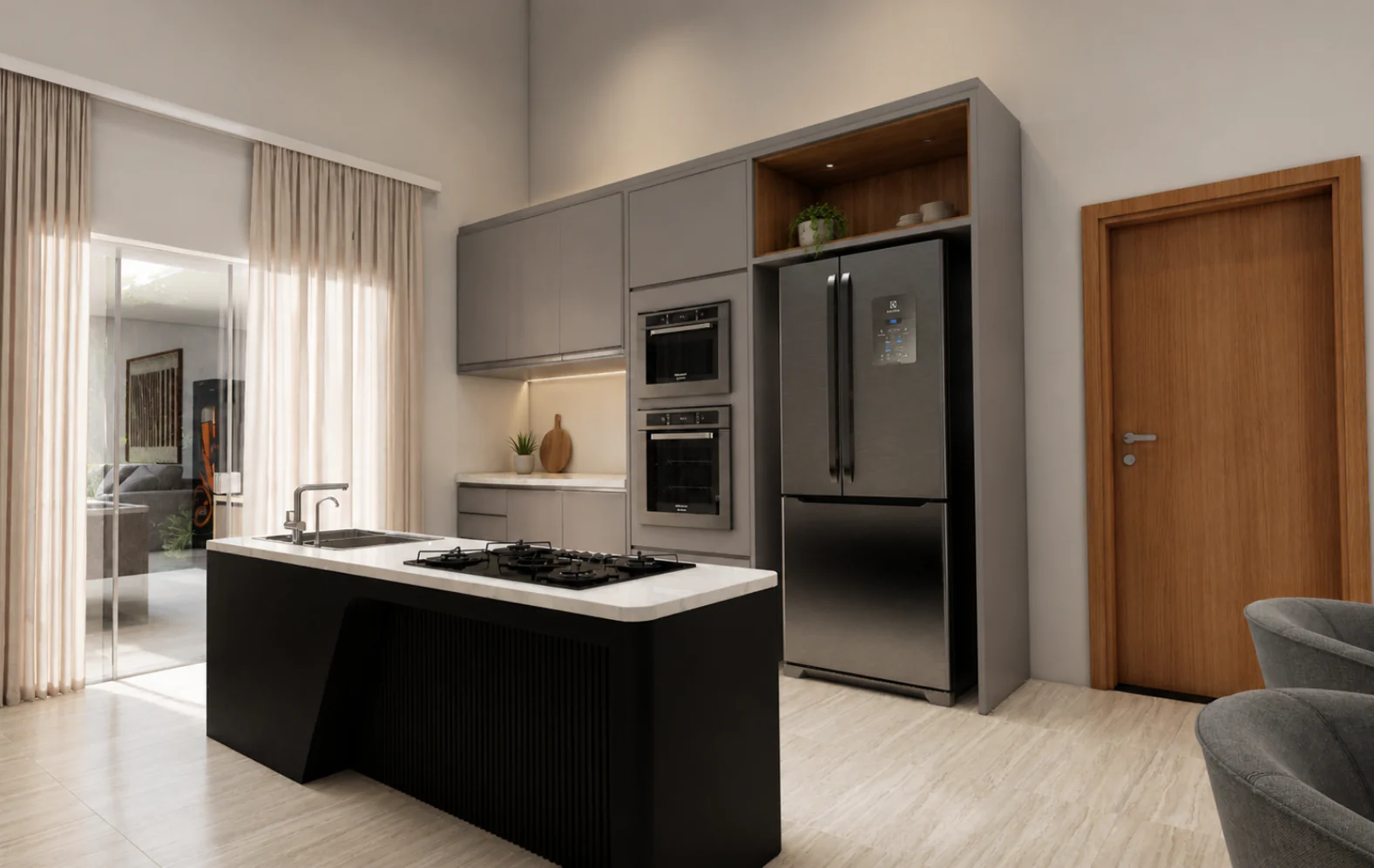 Cozinha moderna da Planta de Casa 3 Quartos com ilha central, ambientes integrados e projeto arquitetônico contemporâneo.