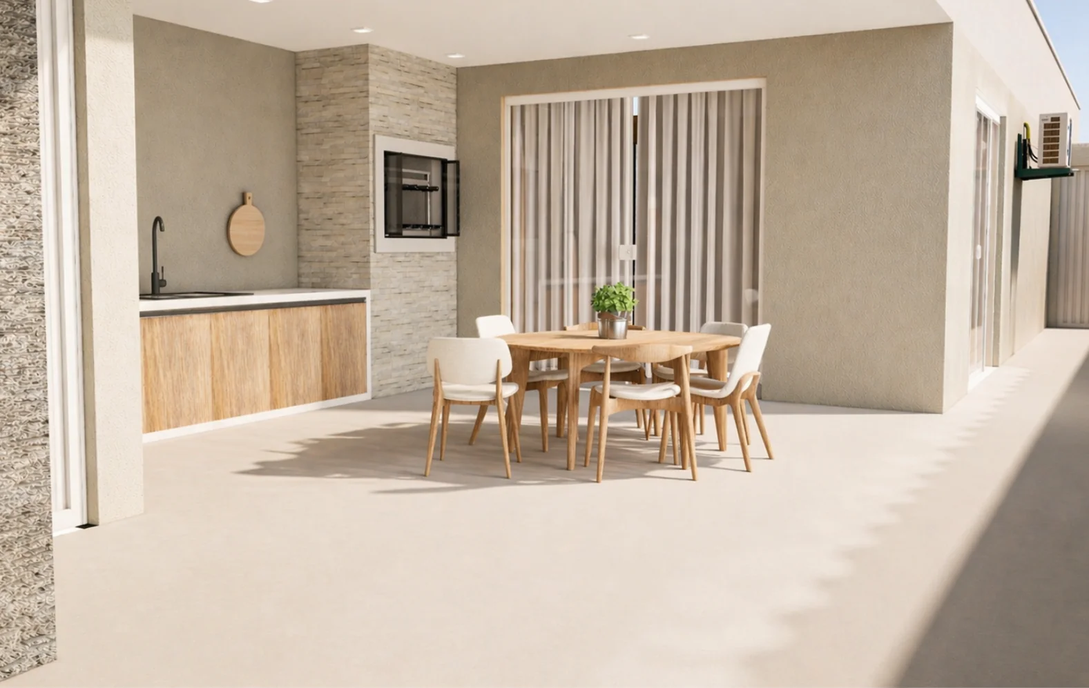 Área gourmet da Planta de Casa 3 Quartos com bancada moderna, mesa de jantar e integração com a área externa.