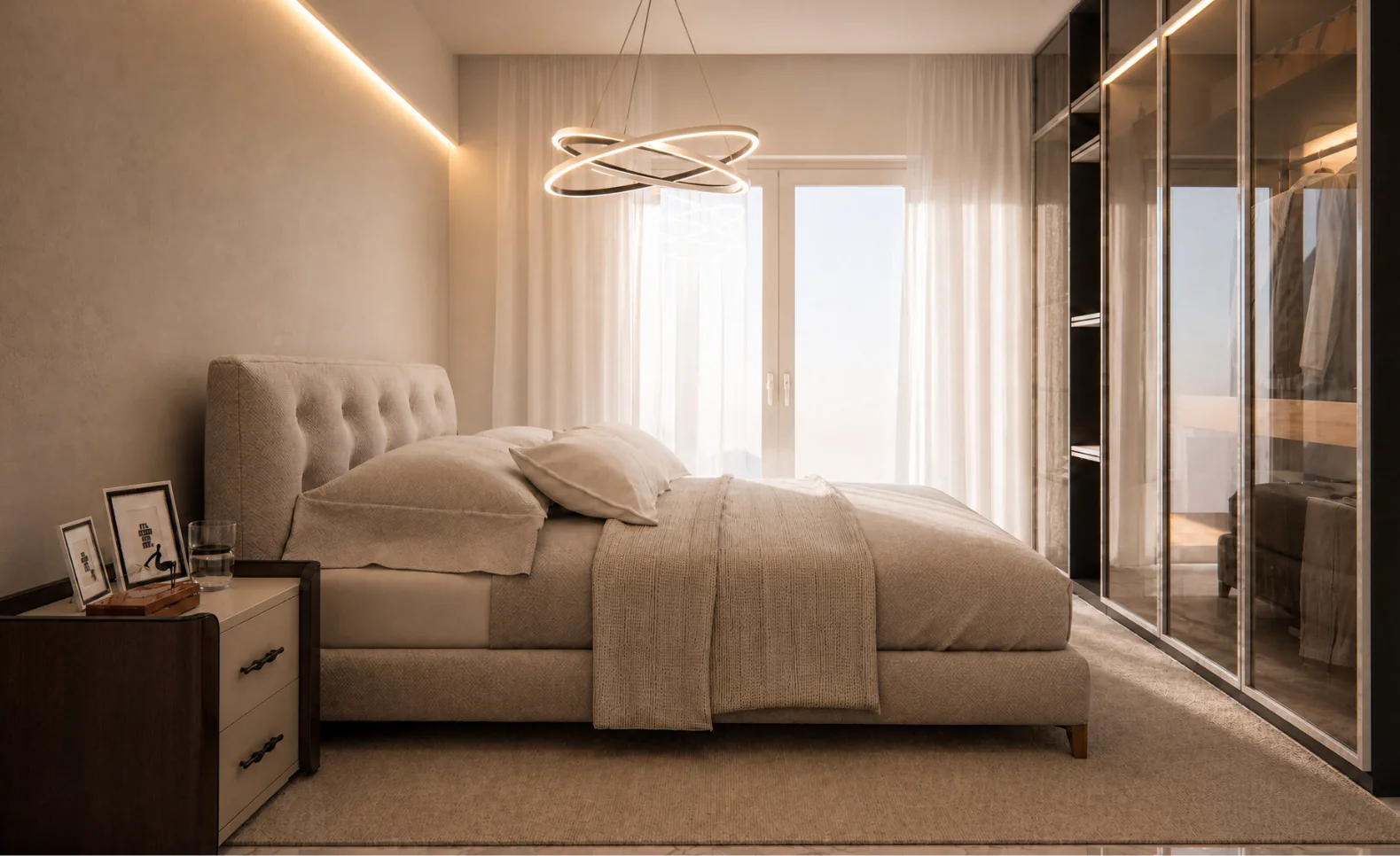 Quarto de solteiro da planta de casa com 3 quartos sendo 1 suíte, com design moderno e iluminação natural.