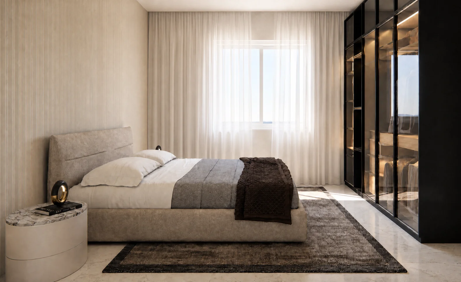 Suíte da planta de casa com 3 quartos sendo 1 suíte, com design moderno, iluminação natural e móveis planejados.