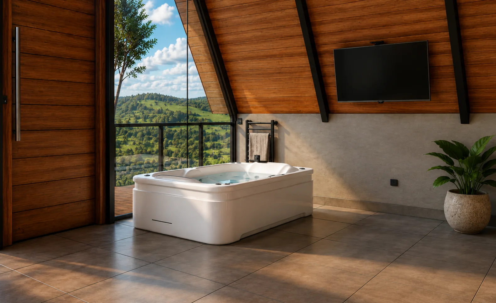 Banheiro de chalé moderno com banheira de imersão, acabamento em madeira, janela panorâmica e design contemporâneo.