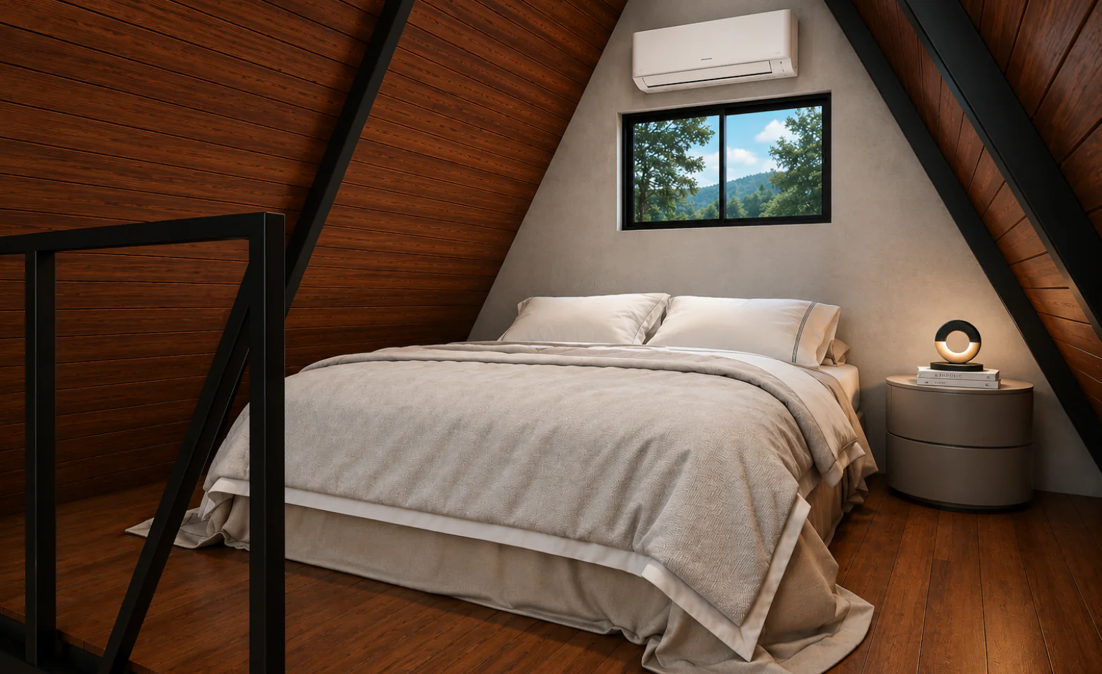 Quarto de chalé moderno em madeira com cama de casal, teto inclinado, janela panorâmica e design contemporâneo.