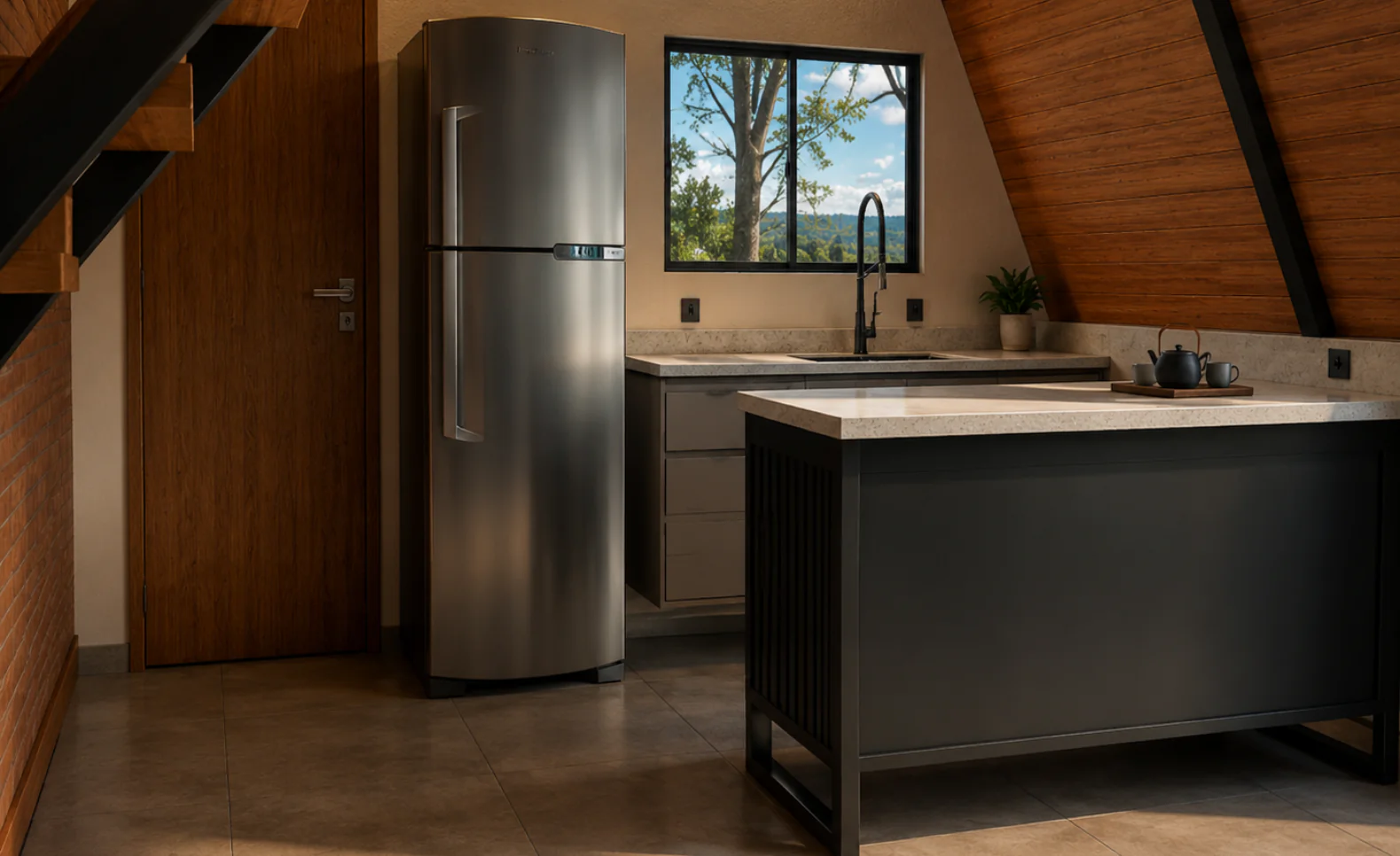 Cozinha de chalé moderno com ilha central, acabamentos em madeira, conceito aberto e arquitetura contemporânea.