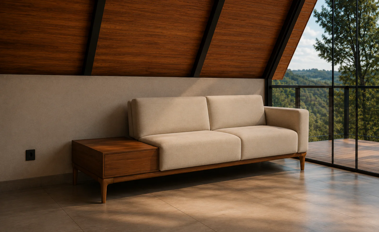 Sala de estar de chalé moderno com sofá, acabamento em madeira, pé-direito inclinado e vista para a natureza.