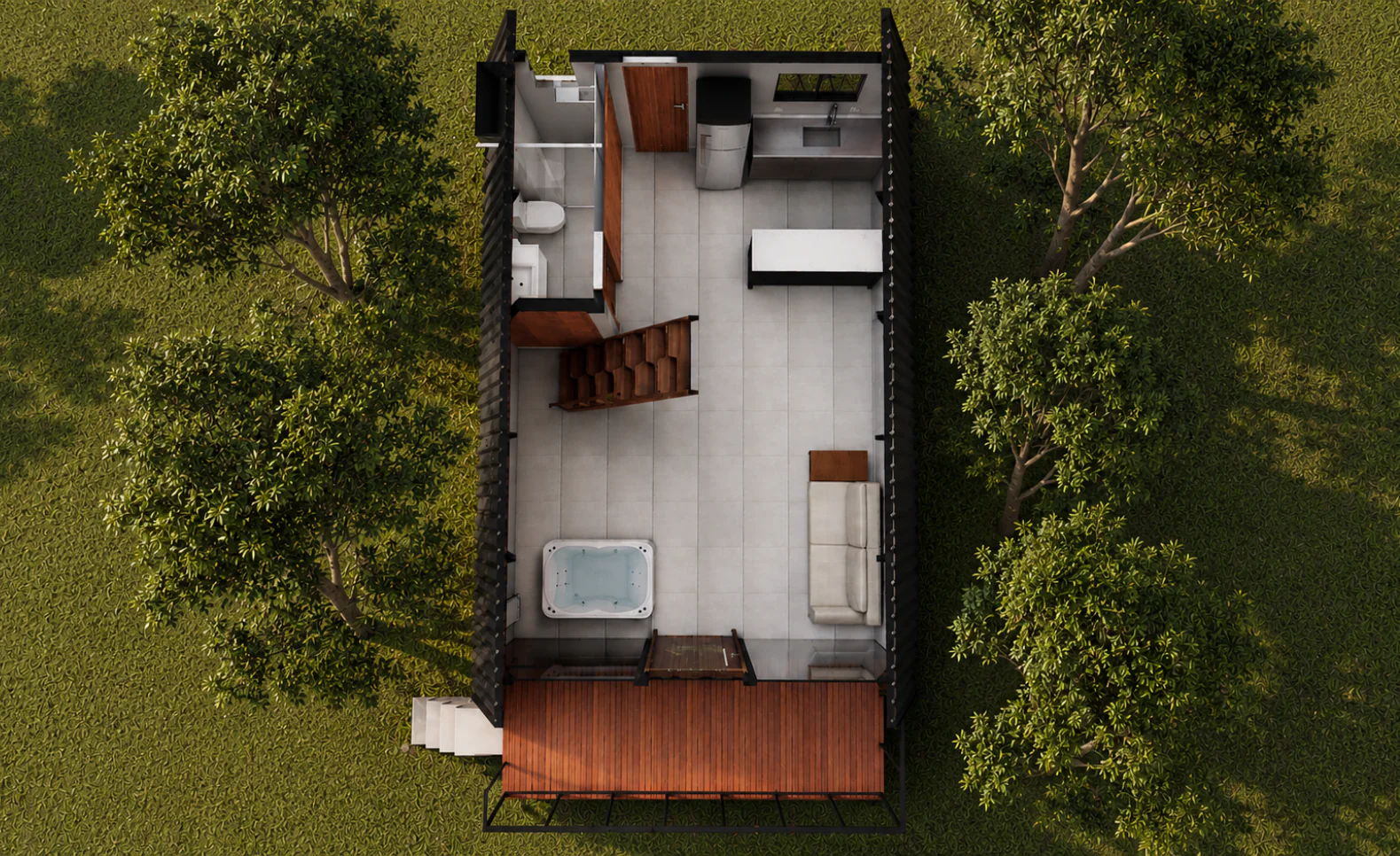 Planta humanizada de projeto de chalé moderno com 48 m², 2 quartos, mezanino, varanda gourmet e ambientes integrados.