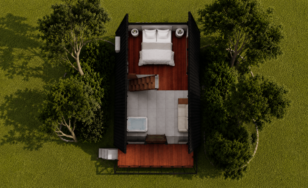 Planta superior do projeto de chalé moderno 48 m² com mezanino, quarto e distribuição inteligente dos ambientes.