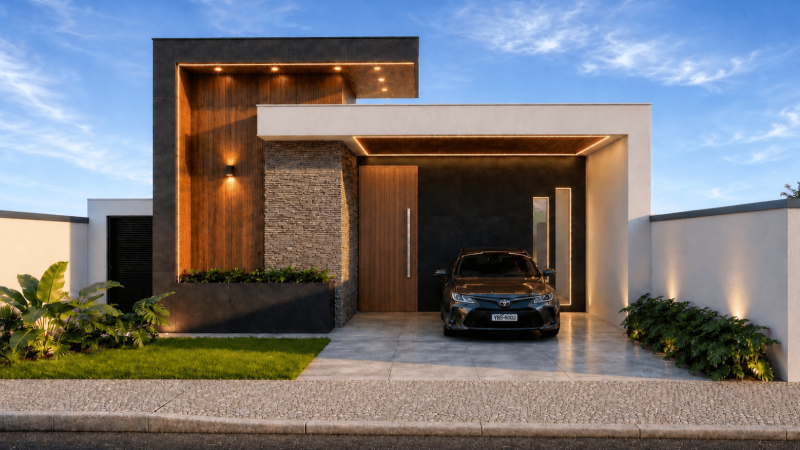 Fachada de projeto de casa térrea moderna com 3 quartos, garagem coberta, iluminação em LED e arquitetura contemporânea.