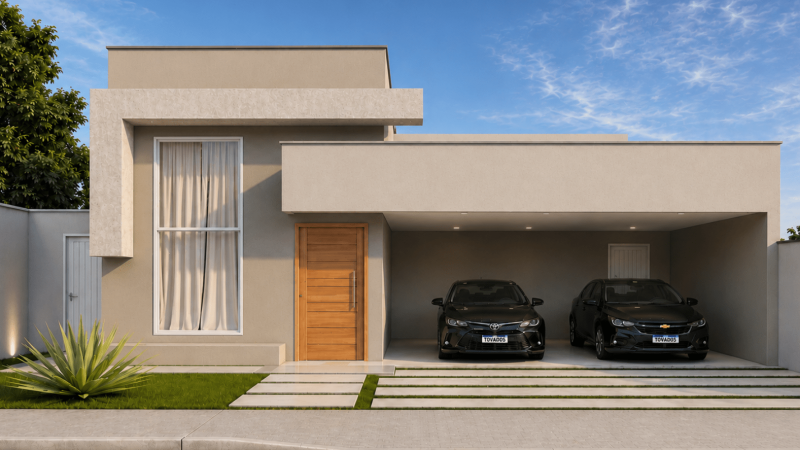 Planta de casa 3 quartos térrea moderna com fachada contemporânea, garagem e projeto arquitetônico completo para construir.