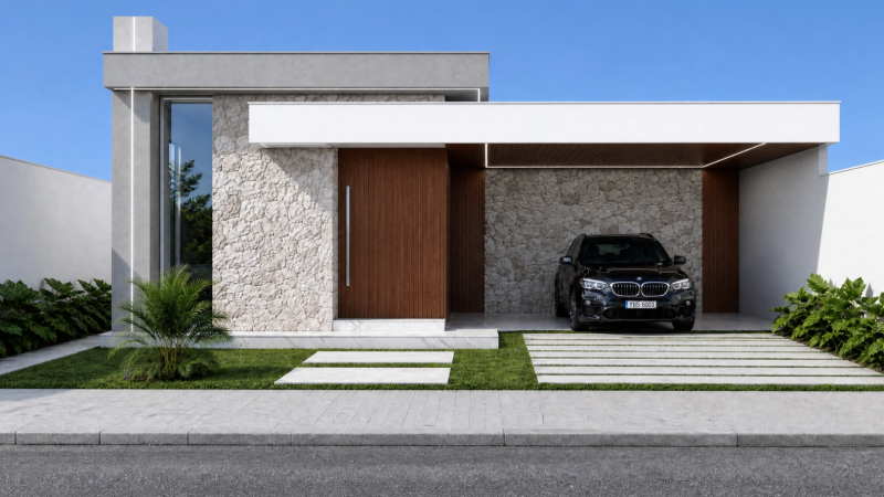 planta de casa com 3 quartos e 2 banheiros, com arquitetura moderna, garagem para carro e design contemporâneo.