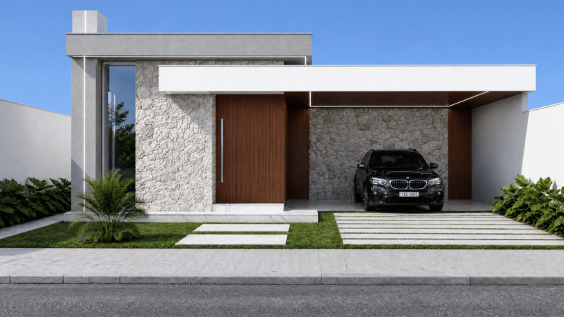 planta de casa com 3 quartos e 2 banheiros, com arquitetura moderna, garagem para carro e design contemporâneo.